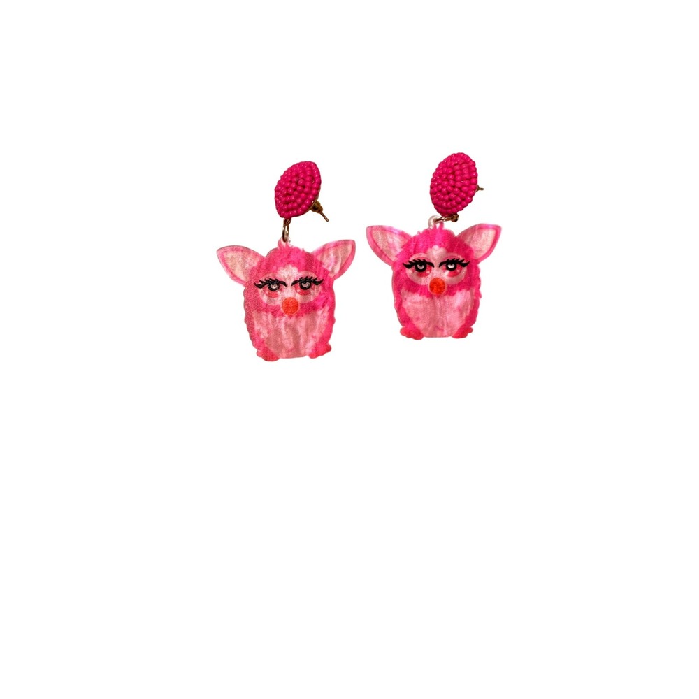 Pink Furby Acrylic Drop Earrings Beaded Post Kitschy Nostalgia Kidcore Jewelry